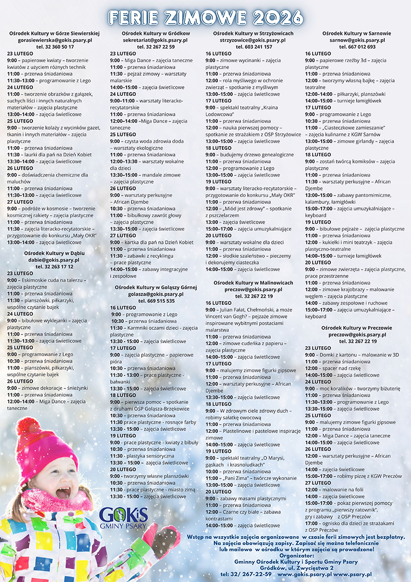 Rozpisane zajecia w osrodkach kultury na zimowym tle na dole dziewczynka w zimowym ubraniu