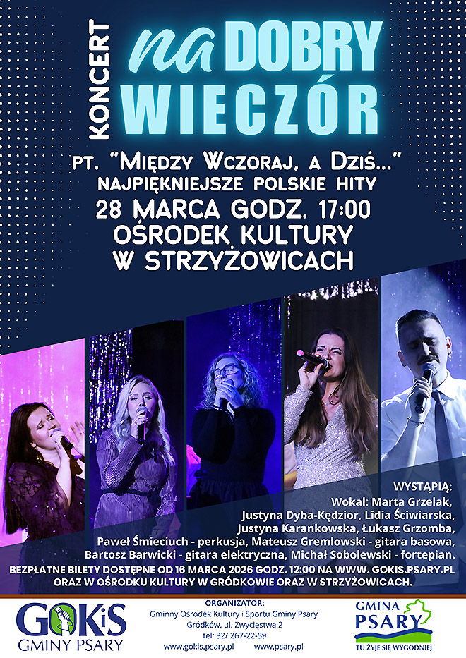 Plakat zapraszajacy na koncert zespolu na dobry wieczor napisy na granatowym tle i zdjecia 5 wokalistow