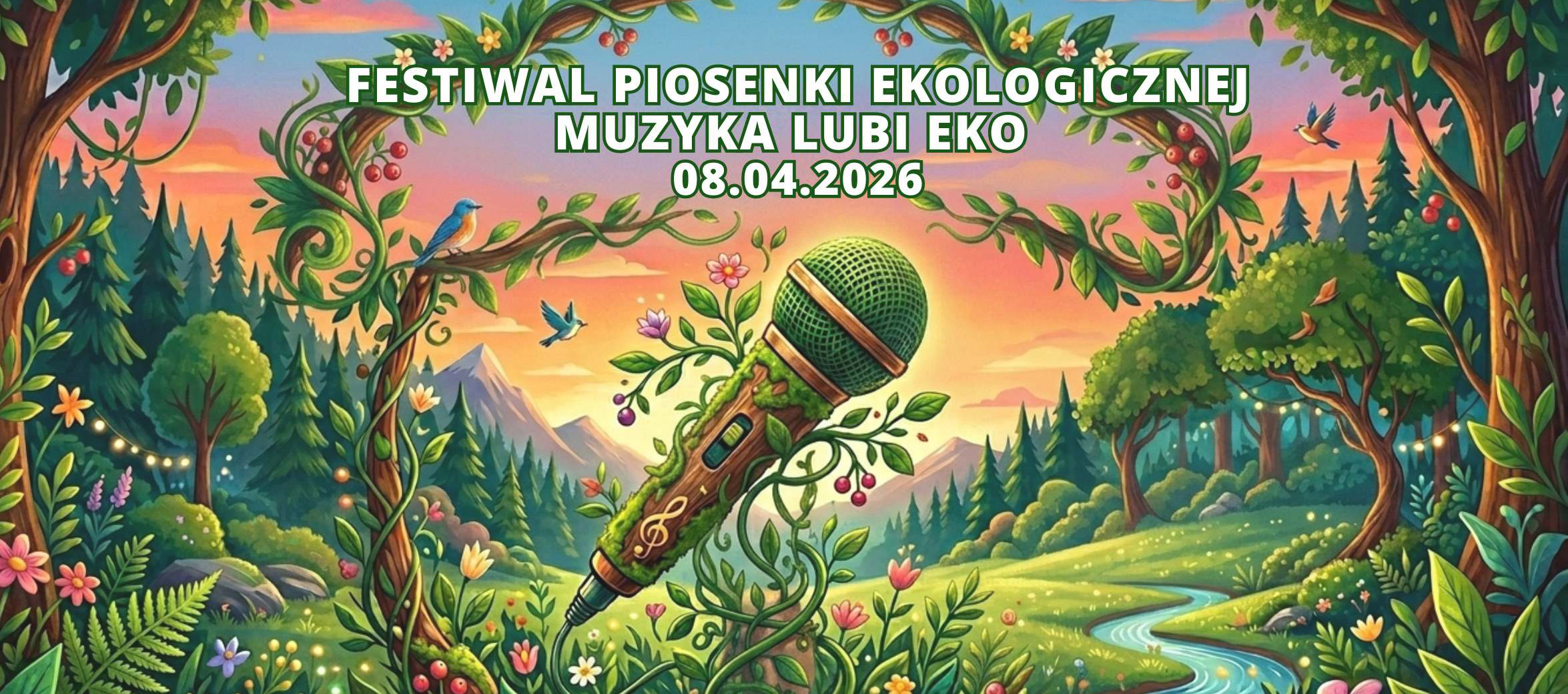 Zielony mikrofon na tle zielonego krajobrazu i lasu