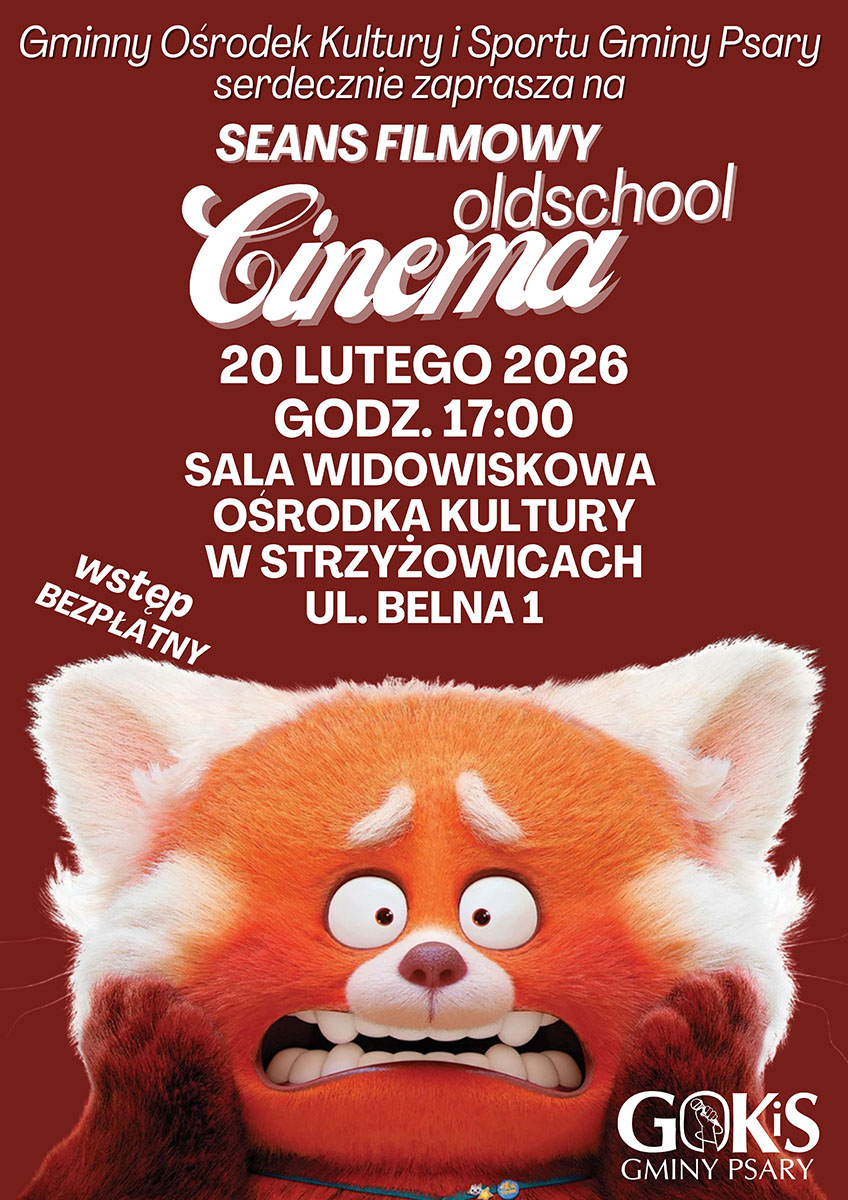 bordowy plakat z napisami i grafikiem czerwonej pandy na dole